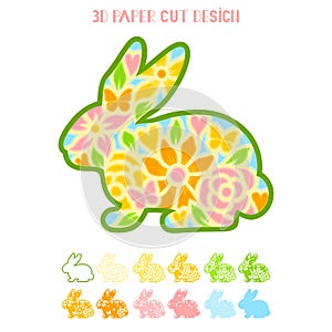 3D Easter Bunny. Rabbit vector floral silhouette.For paper,laser cutting, sublimation