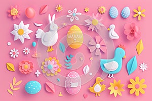 3D Easter colorful collection of Bunnies, Chickens, Easter Eggs, Floral in modern flat style for creating greeting cards