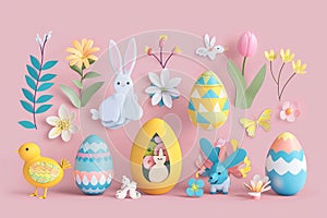 3D Easter colorful collection of Bunnies, Chickens, Easter Eggs, Floral in modern flat style for creating greeting cards