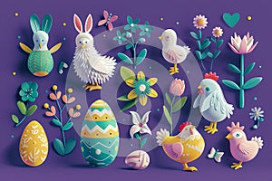 3D Easter colorful collection of Bunnies, Chickens, Easter Eggs, Floral in modern flat style for creating greeting cards