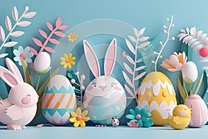 3D Easter colorful collection of Bunnies, Chickens, Easter Eggs, Floral in modern flat style for creating greeting cards