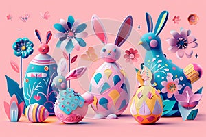 3D Easter colorful collection of Bunnies, Chickens, Easter Eggs, Floral in modern flat style for creating greeting cards