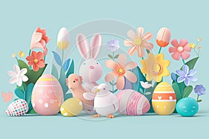 3D Easter colorful collection of Bunnies, Chickens, Easter Eggs, Floral in modern flat style for creating greeting cards