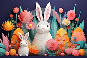 3D Easter colorful collection of Bunnies, Chickens, Easter Eggs, Floral in modern flat style for creating greeting cards