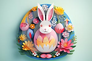 3D Easter colorful collection of Bunnies, Chickens, Easter Eggs, Floral in modern flat style for creating greeting cards