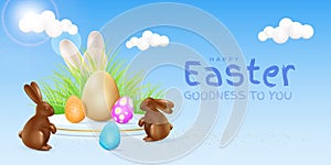 3d easter podium, eggs and chocolate rabbits, clouds in blue sky background. Greeting card, flower scene for spring sale