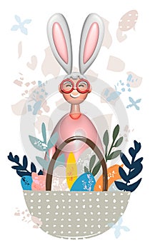 3D Easter vector template of girl with bunny ears, cartoon basket with painted eggs and flowers
