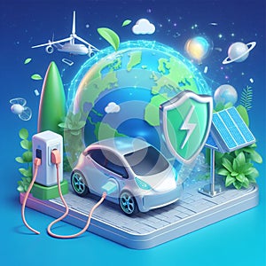 3D economic electic car save the planet, electric power green