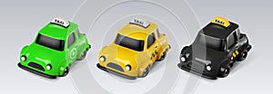 3d electric eco green, classic yellow taxi, black London cab cars. Isolated glossy toy taxi cars vector design elements