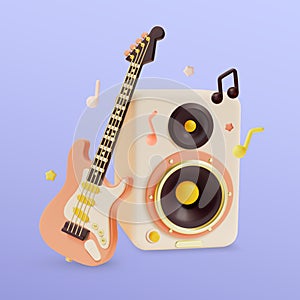 3d Electric Guitar, Sound Speaker and Music Notes Symbols Floating Objects Cartoon Style. Vector