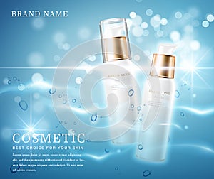 3D elegant cosmetic bottle container with shiny water glimmering background template banner