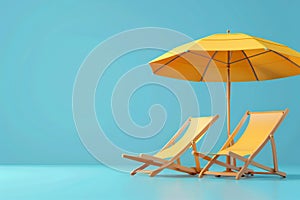 3d element collection of 2 beach chair and umbrella isolated on blue background.