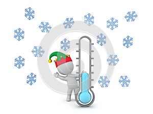 3D Elf waving from behind thermometer showing cold temperature