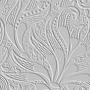 3d emboss textured ethnic floral hand drawn Paisley seamless pattern. Surface flowers embossed vector background. Paisley flowers