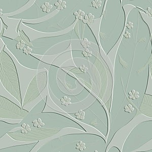 3d embossed abstract floral seamless pattern. Textured beautiful flowers relief green background. Repeat emboss backdrop. Surface