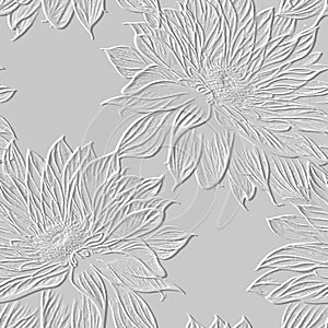 3d embossed lines floral seamless pattern. Textured aster flowers relief background. Repeat emboss white backdrop. Surface leaves