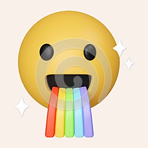 3d emoji happy smile with rainbow puke. icon isolated on gray background. 3d rendering illustration. Clipping path.