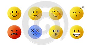 3d emojies. Happy and sad round yellow faces. Social media icons. Web applications. Good and bad mood symbol. Funny