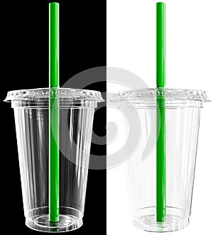 3D Empty Disposable Plastic Cup With Lid And Straw Isolated on Black and White Background