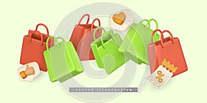 3d empty shopping bag, handbag in cartoon style. Discount, promotion, sale, shopping concept. Vector illustration