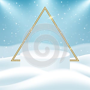 3d Empty white podium with golden triangle on blur winter background with snow . Vector illustration. Blue studio room