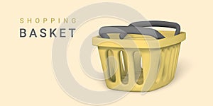 3d empty yellow shopping basket. Shopping concept. Vector illustration