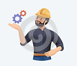 3D Engineer or constructor industrial developer. Happy builder in hardhat with gears. Male Industrial Engineers Helmet