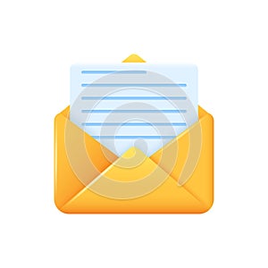 3d envelope and document inside. 3D cartoon web icon of postal or email envelope and volumetric sheet of paper with text. Vector