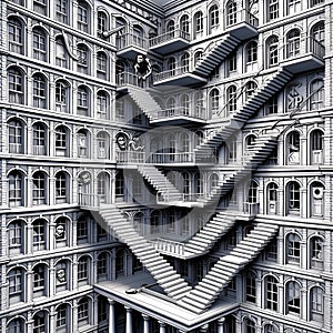 A 3D escher-inspired scene, a building facade transforms into a never-ending staircase, banksy art, optical illusions