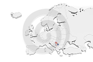 3D Europe map with marked borders - area of Serbia marked with Serbia flag - isolated on white background with space for text