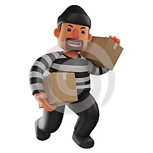 3D an Evil Thief Cartoon Character steals some boxes