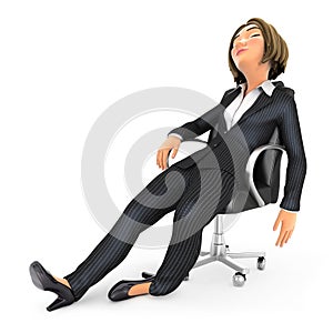 3d exhausted business woman sleeping in chair