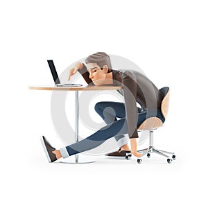 3d exhausted cartoon man leaning on his desk