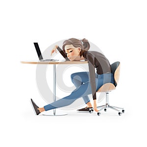 3d exhausted cartoon woman leaning on her desk