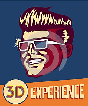 3d experience. Vintage man wearing retro 3d glasses, retro sci-fi 3d movies