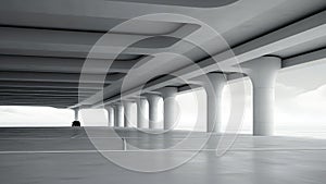 3d exterior rendering of a parking lot with a bare concrete floor and ceiling.