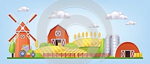 3D farm barn landscape, vector mill house front view, red silo cartoon agriculture building exterior.