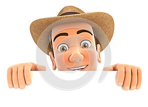 3d farmer hiding behind white wall