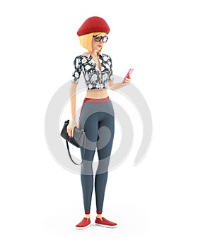 3d fashion girl holding handbag and looking her mobile phone