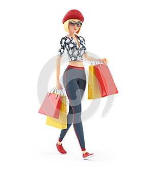 3d fashion girl walking with shopping bags