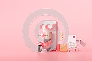 3D Fast delivery service concept. Online shopping and free shipping on pink background. 3D render illustration