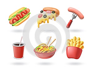 3D fast food. Burger or fried potato. Sausage on fork. Cola in glass. Takeaway junk snack. Pizza for restaurant menu
