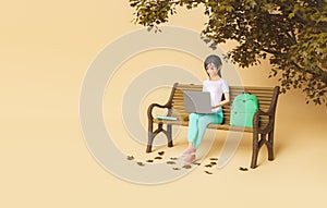 3d female character using a laptop on a park bench