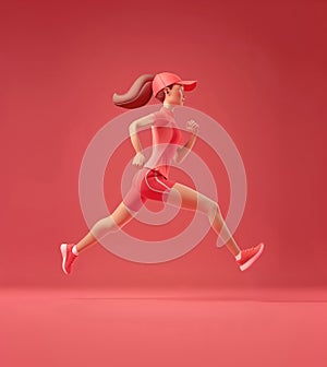 3d female runner isolated on red background. Marathon athlete. Vertical layout
