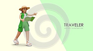 3D female tourist in cartoon style. Girl in green clothes holds map and indicates direction