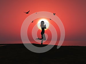 3D female in yoga pose against sunset sky