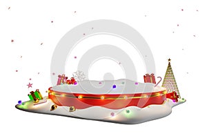 3d festive illustration happy new year and merry christmas Red podium decorated with gift boxes and stars, glowing lights, snow,