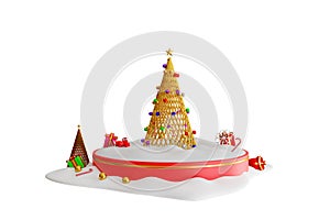 3d festive illustration happy new year and merry christmas Red podium decorated with gift boxes and stars, glowing lights, snow,