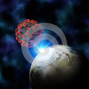 3D fictional space background with the Earth and Coronal virus cell