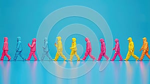 3D figures in colorful raincoats walking in a line.